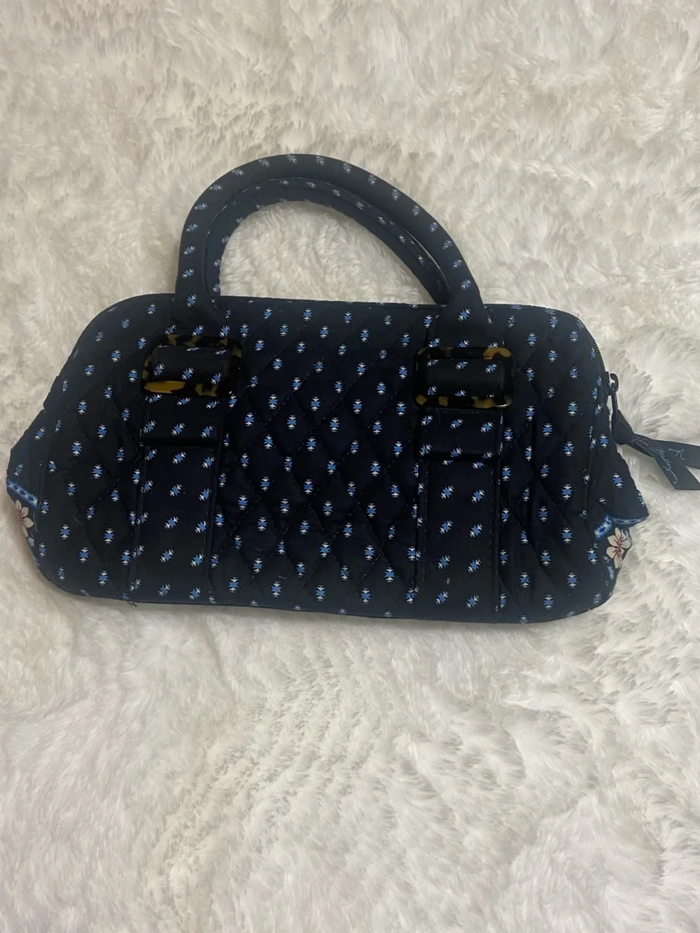 Vintage Vera Bradley Navy Quilted Mini Satchel with Light Blue Dot Print